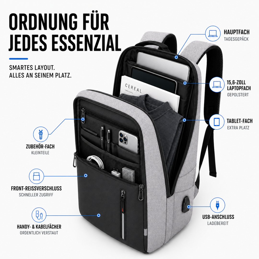 Robuster Reise-Rucksack, unisex, wasserabweisend, mit mehreren Fächern für sicheren Transport.