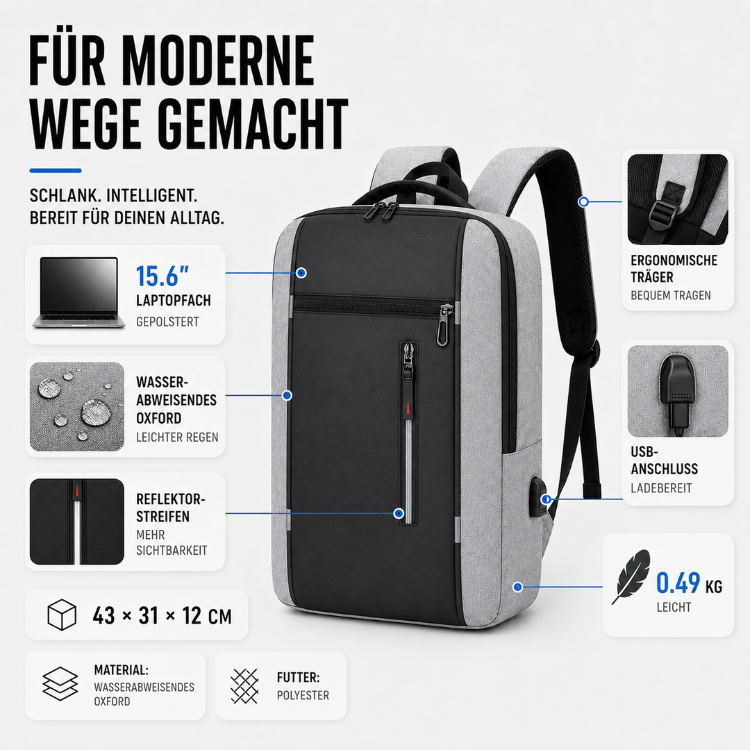 Eleganter Business-Rucksack, unisex, wasserfest, mit speziellem Laptopfach. Perfekt für den Alltag.