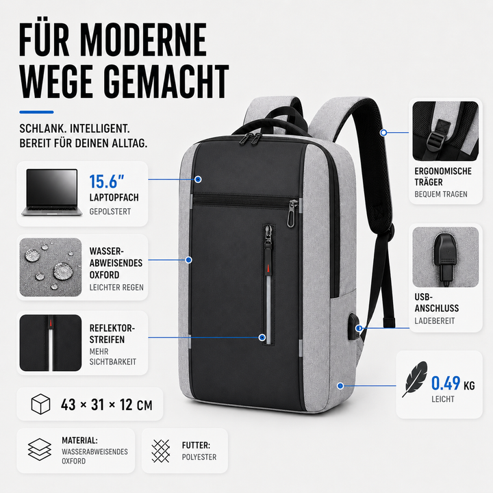 Eleganter Business-Rucksack, unisex, wasserfest, mit speziellem Laptopfach. Perfekt für den Alltag.