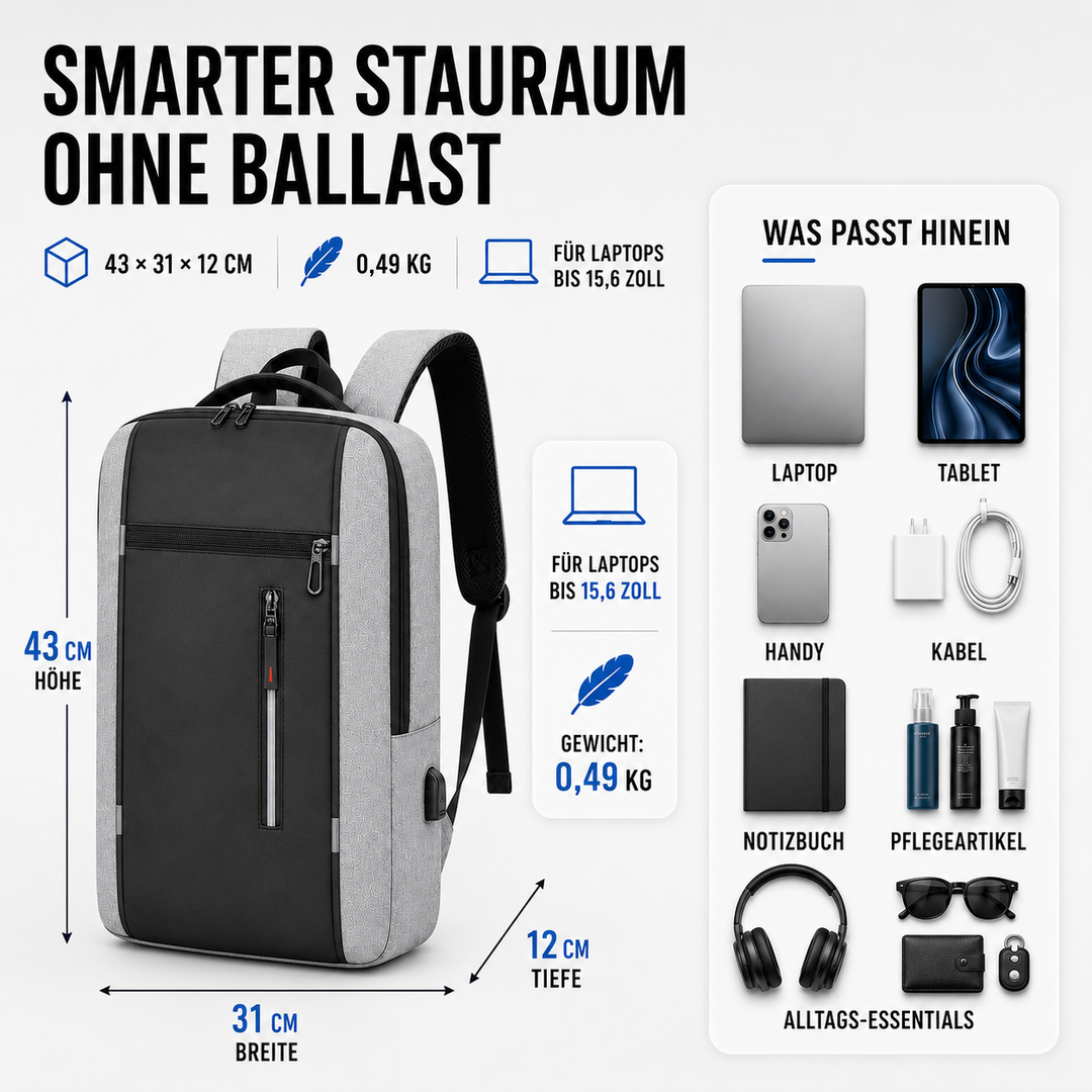 Geräumiger Business-Rucksack, unisex, wasserdicht, passend für 15,6 Zoll Laptop, in elegantem Schwarz.