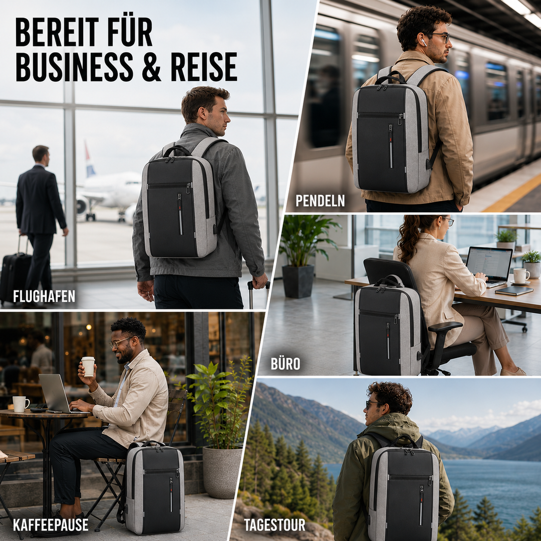 Detailaufnahme des USB-Ladeports am wasserdichten Unisex-Rucksack, ideal für unterwegs.