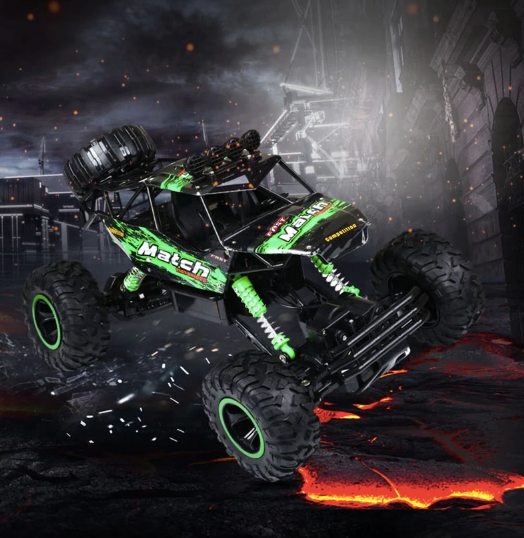 RC Rockcrawler Monstertruck Seitenansicht, große Reifen, ferngesteuertes 4WD Geländefahrzeug für draußen.