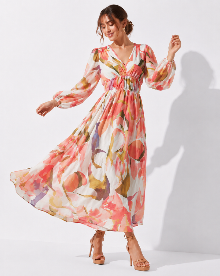 Zeitloses rosafarbenes Damen Maxikleid mit Blumenmuster. Ideal als festliches Sommerkleid oder elegantes Frühlingskleid.