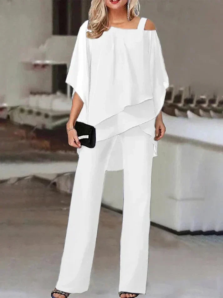 Eleganter Damen Zweiteiler: Off-Shoulder Top und weite Hose. Ideal für Sommer & Freizeitmode.