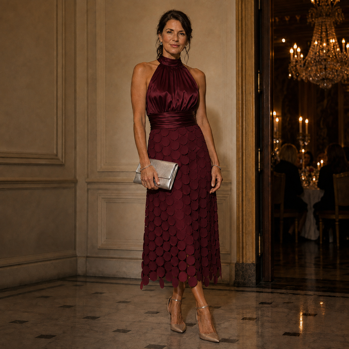 Damen Halterneck-Abendkleid, Midilänge, luxuriöses Design für formelle Veranstaltungen.
