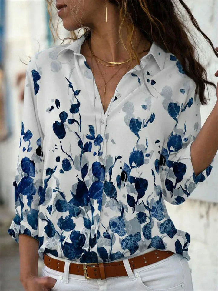 Damen Bluse mit elegantem Aquarell Blumenprint, langärmlig, ideal für Frühling und Sommer.