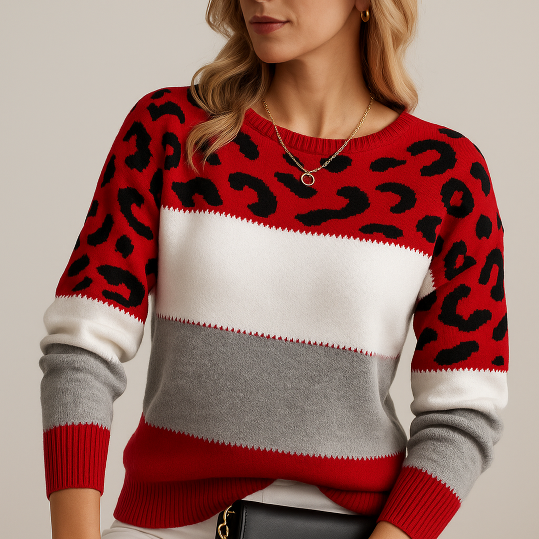 Warmer Damen-Strickpullover mit trendigem Leopardenmuster, perfekt für entspannte Tage.