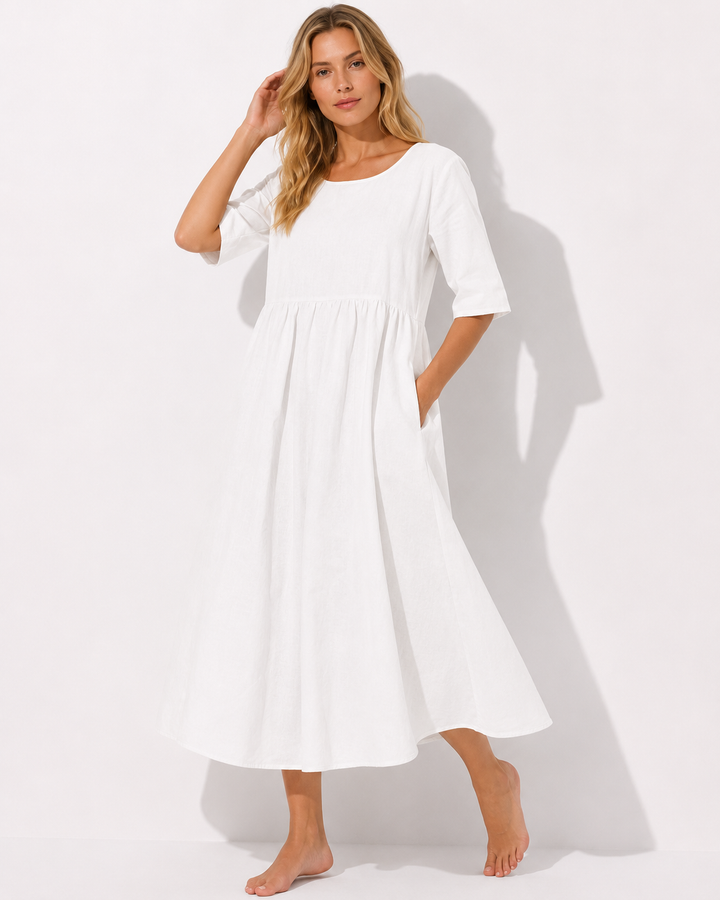 Elegantes & bequemes Damen Kurzarmkleid. Rundhals-Design mit praktischen Taschen – dein vielseitiges Sommerkleid.