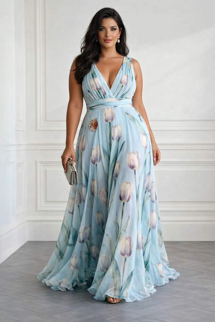 Festliches ärmelloses Damen Maxikleid mit lebhaftem Tulpenmuster und tiefem V-Ausschnitt für besondere Anlässe.