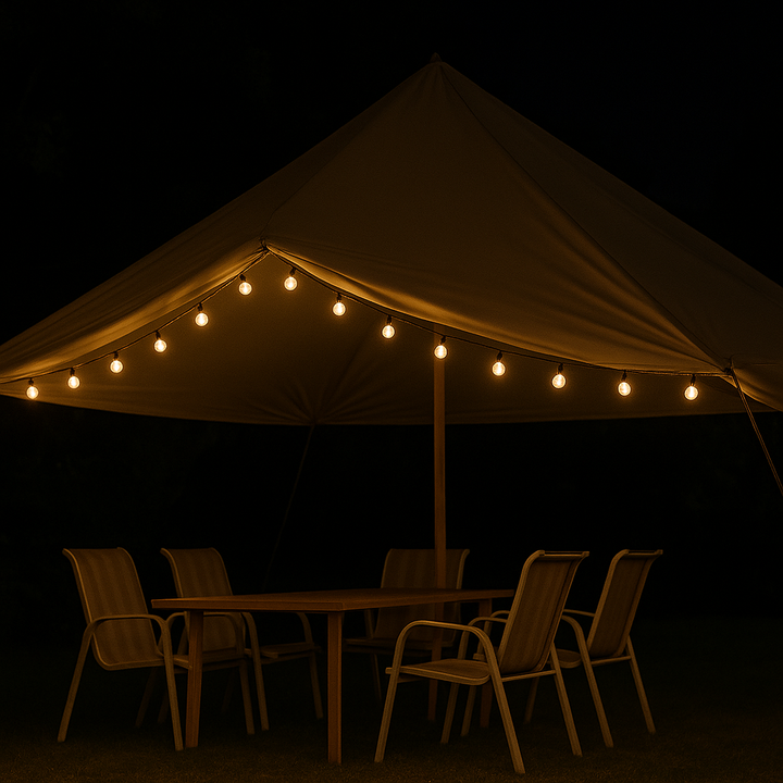 Nahaufnahme leuchtender Kristall-LEDs der Solar-Lichterkette. Stimmungslicht, kabellos für Garten, Balkon & Terrasse.
