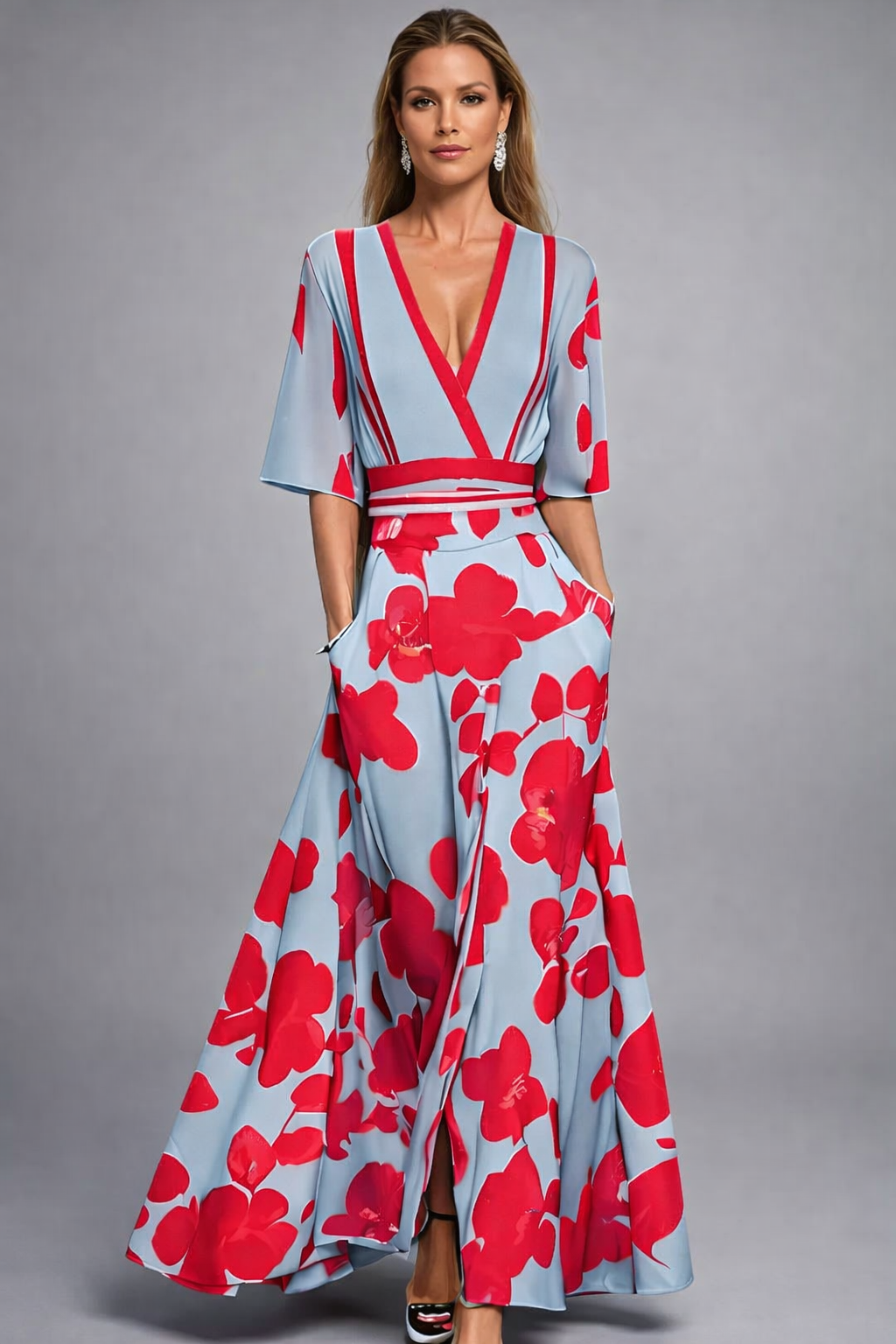 Elegantes Damen Wickel-Maxikleid mit zartem Blumenmuster, perfekt für festliche Anlässe und stilvolle Sommerabende.
