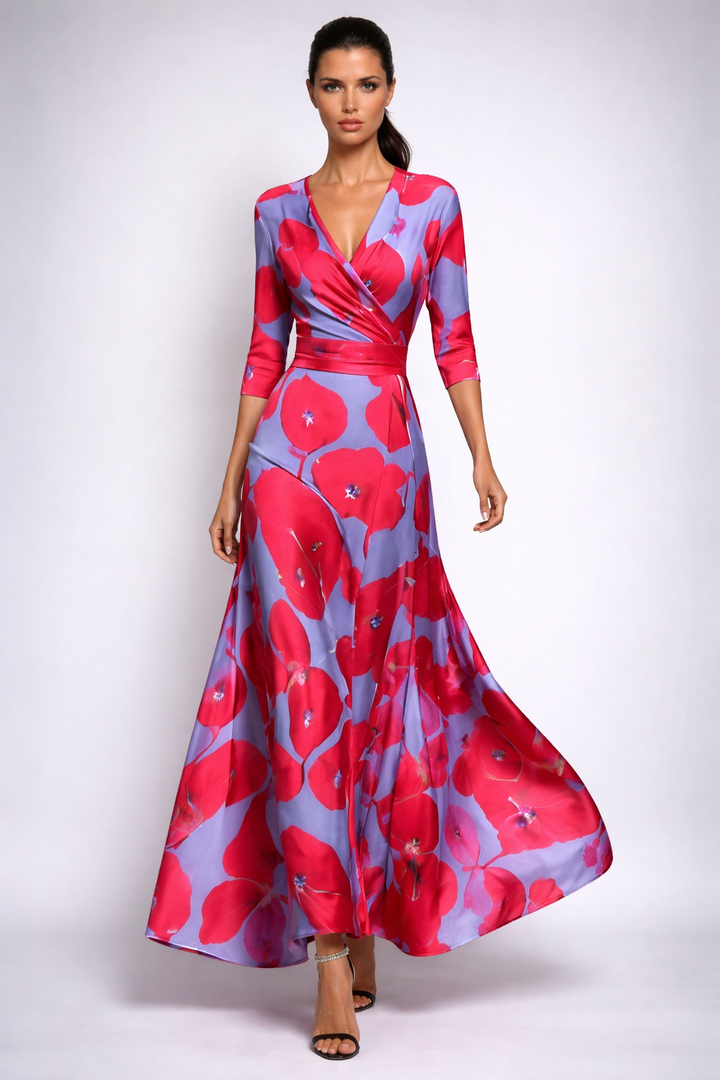 Langes Damen Maxikleid mit Wickeloptik und floralem Design, ein vielseitiges elegantes Kleid für jeden Anlass.