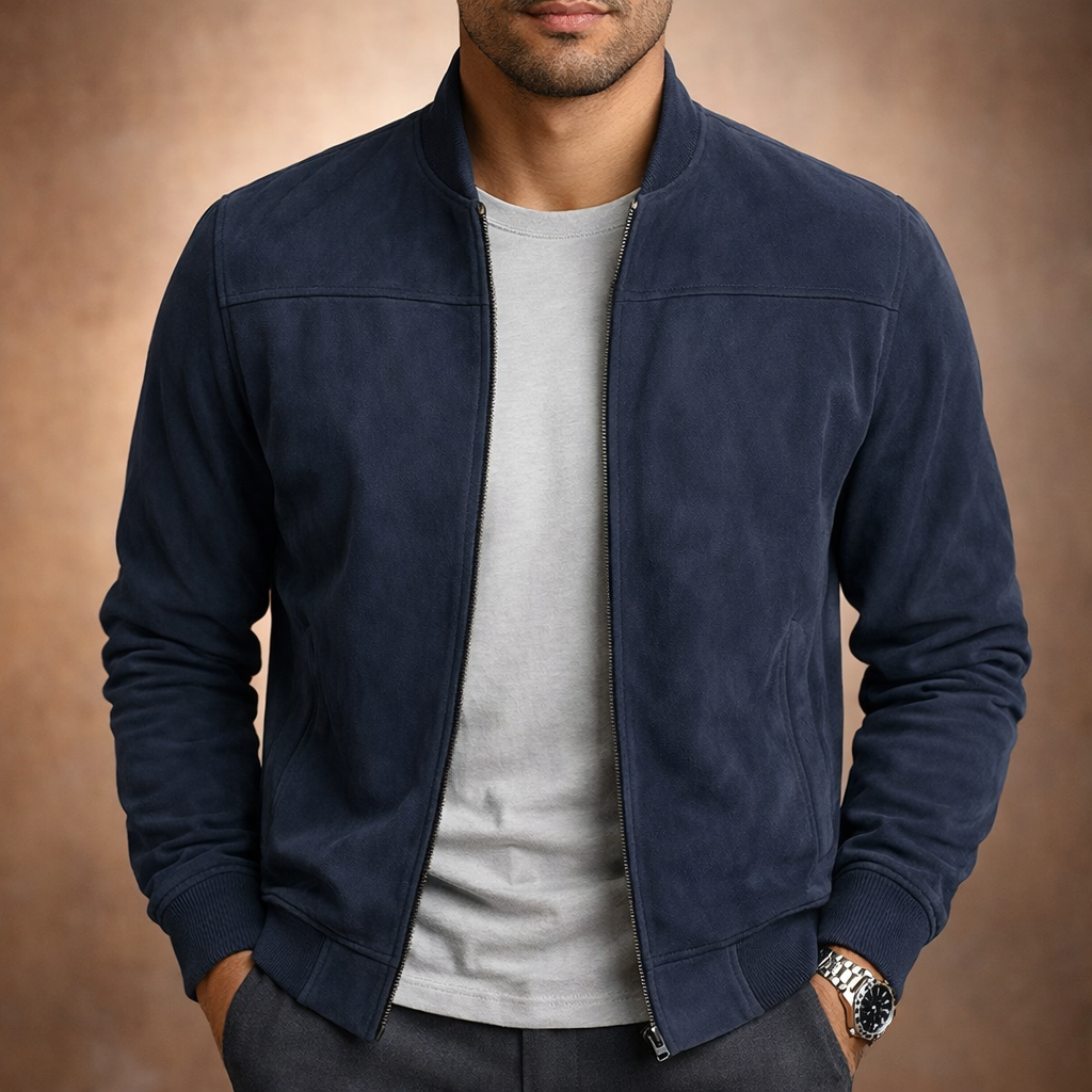 Blaue moderne Herren Bomberjacke, perfekt für stilvolle Freizeitlooks. Lässige Übergangsjacke für moderne Männer.