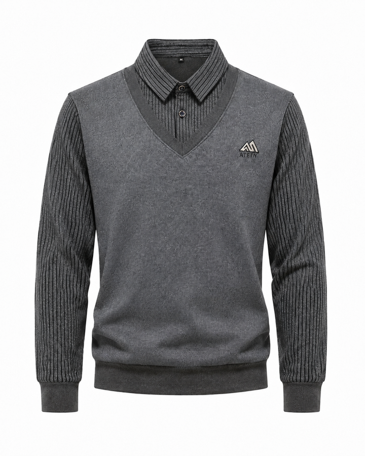 Herren 2-in-1 Pullover mit elegantem Hemdkragen und V-Ausschnitt. Ideal für Business Casual & Freizeitmode.