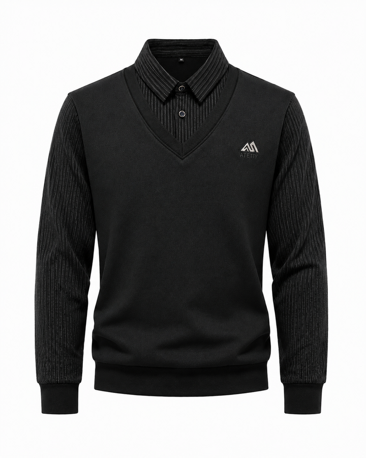 Eleganter Herrenpullover im 2-in-1 Design. V-Ausschnitt und Hemdkragen. Perfekt für Herbst & Winter.