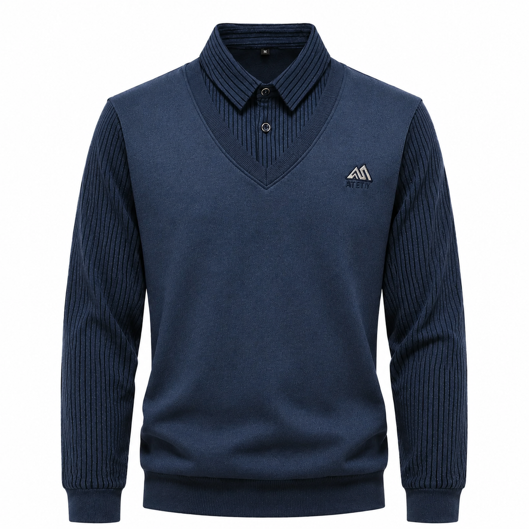 Hochwertiger 2-in-1 Herrenpullover mit V-Ausschnitt und Hemdkragen. Trendy, bequem und elegant.