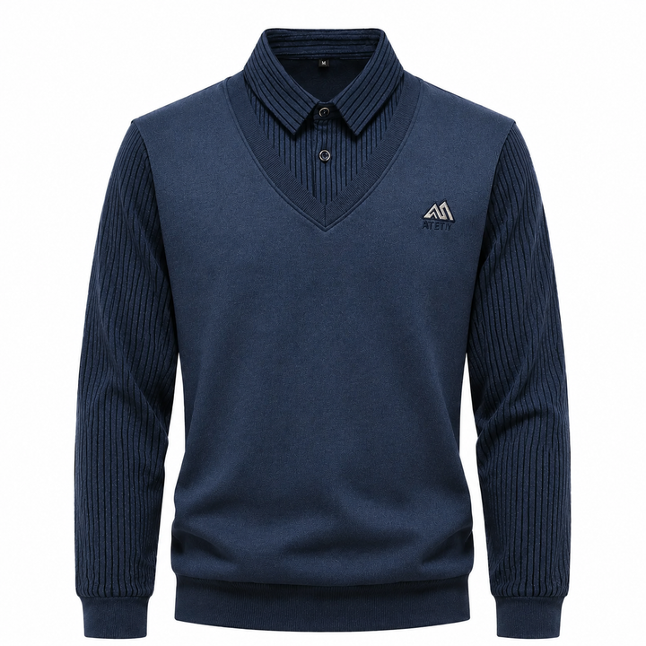 Hochwertiger 2-in-1 Herrenpullover mit V-Ausschnitt und Hemdkragen. Trendy, bequem und elegant.