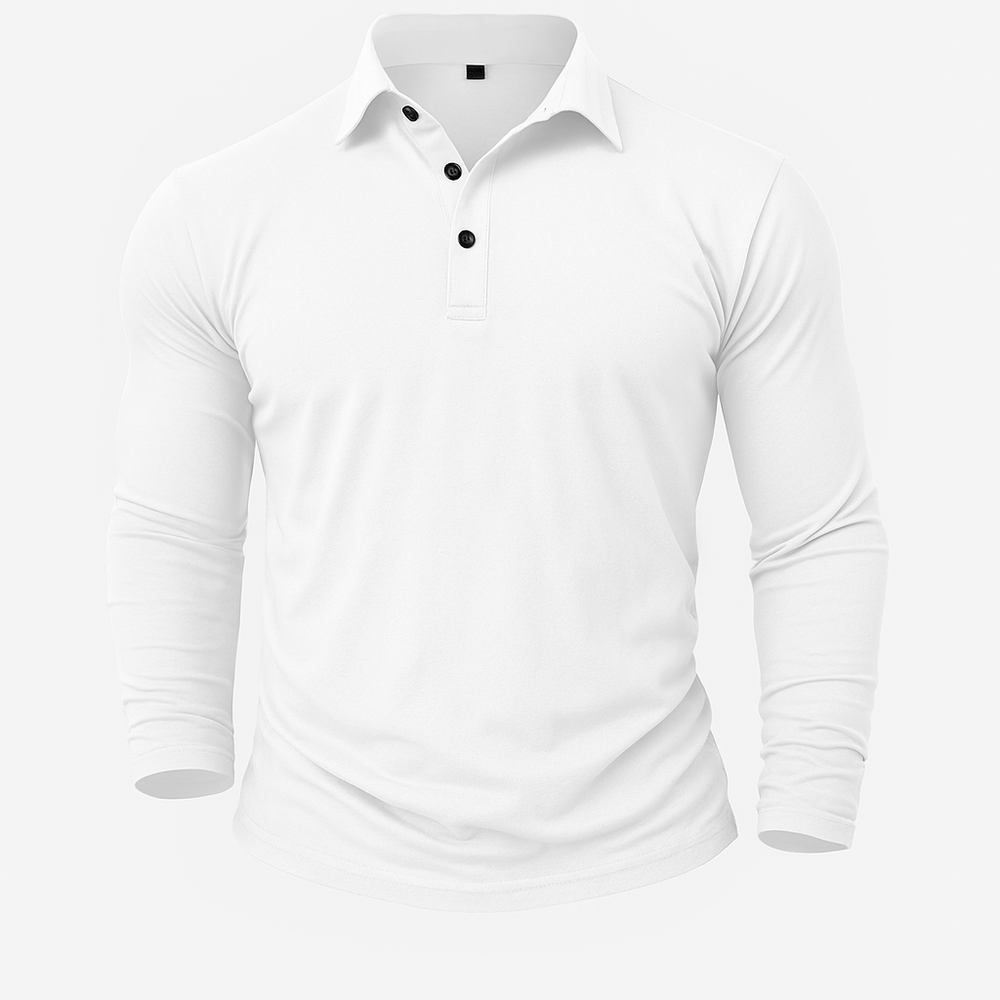 Nahaufnahme: Hochwertiger Stoff und Kragen eines langärmligen Herren-Poloshirts. Elegant, bequem & vielseitig.