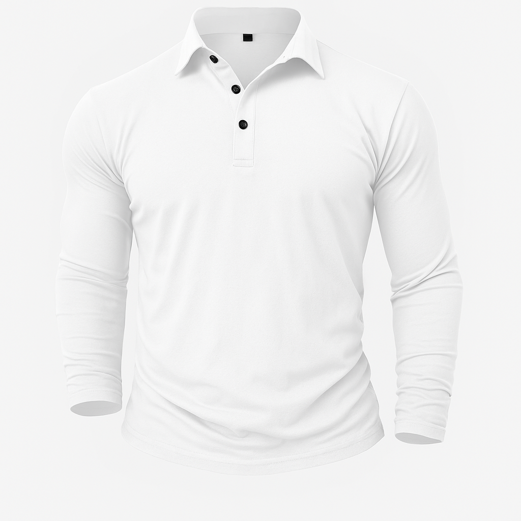 Nahaufnahme: Hochwertiger Stoff und Kragen eines langärmligen Herren-Poloshirts. Elegant, bequem & vielseitig.
