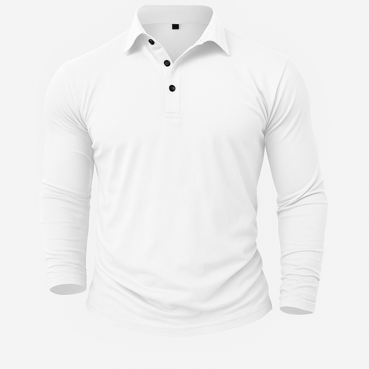 Nahaufnahme: Hochwertiger Stoff und Kragen eines langärmligen Herren-Poloshirts. Elegant, bequem & vielseitig.
