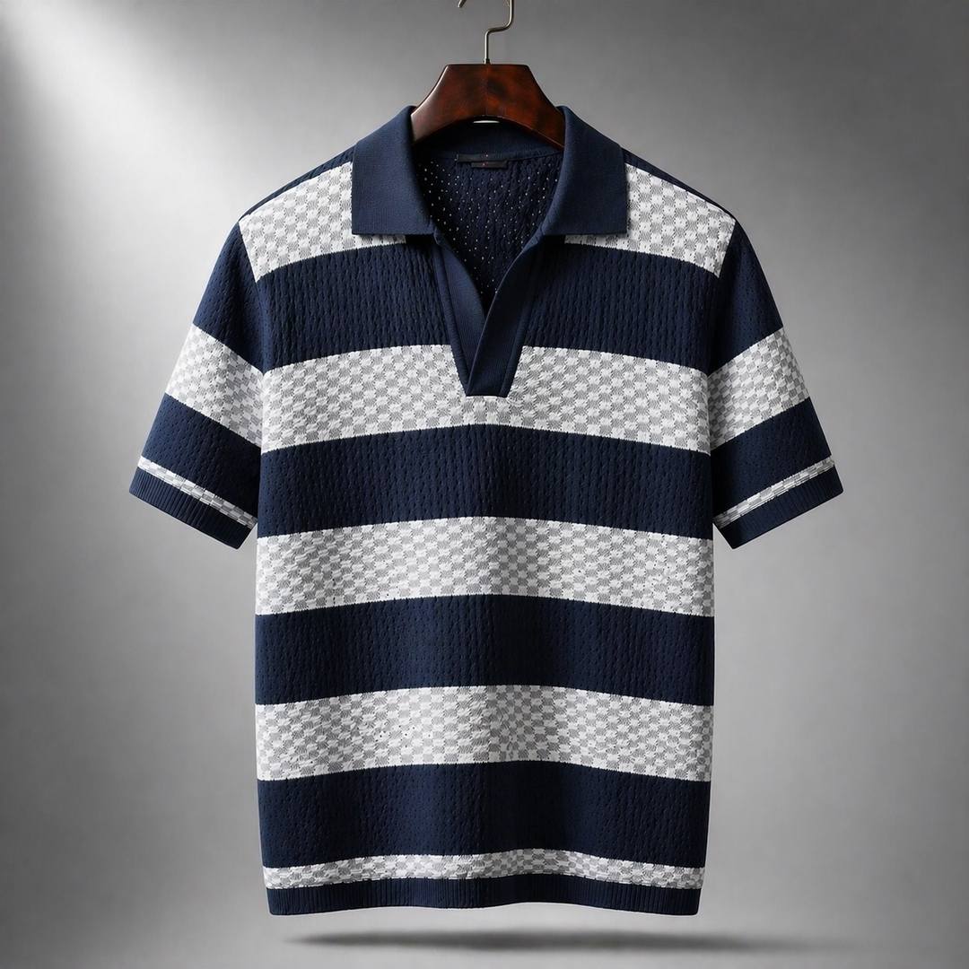 Vielseitiges Herren Strick Poloshirt (Marineblau) mit Strukturstreifen & offenem Kragen. Für Freizeit und Büro.