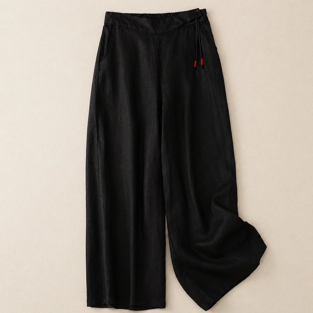 Elegante Damen Kordelzug-Hose mit weitem Bein. Leichte Sommerhose, vielseitig für lässige und schicke Looks.