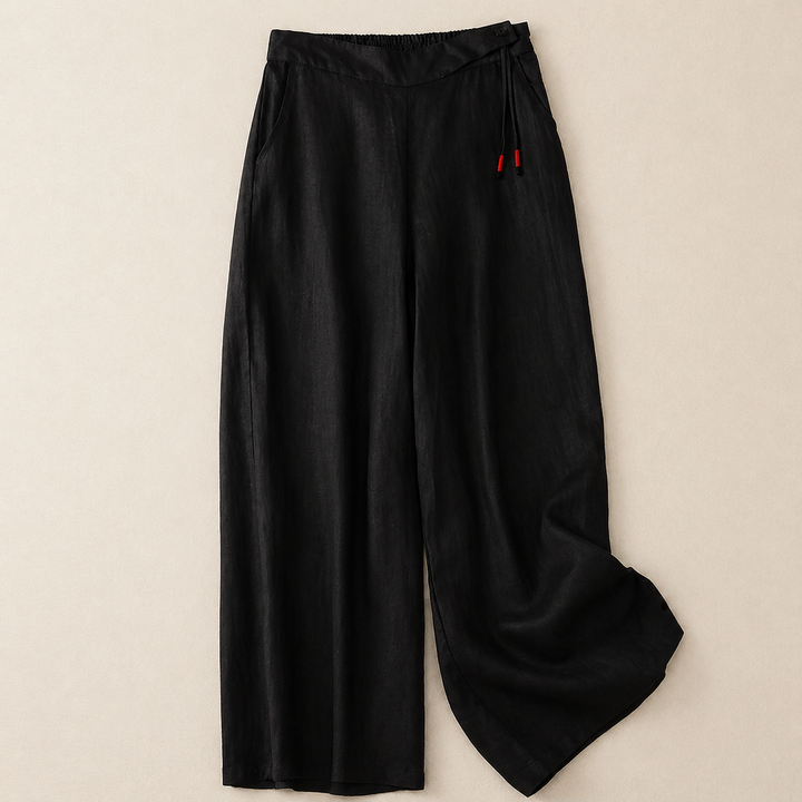 Elegante Damen Kordelzug-Hose mit weitem Bein. Leichte Sommerhose, vielseitig für lässige und schicke Looks.