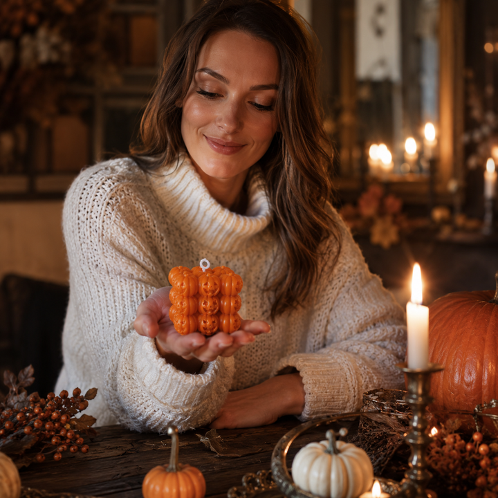 Saisonale Sojawachs Kürbiskerze (6,5 cm), charmantes Halloween-Geschenk oder besondere Herbst-Deko.