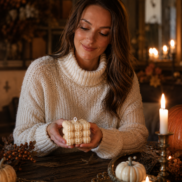 Niedliche Kürbiskerze aus Sojawachs, 6,5 cm, bringt warme Herbststimmung und ist ideale Halloween-Deko.
