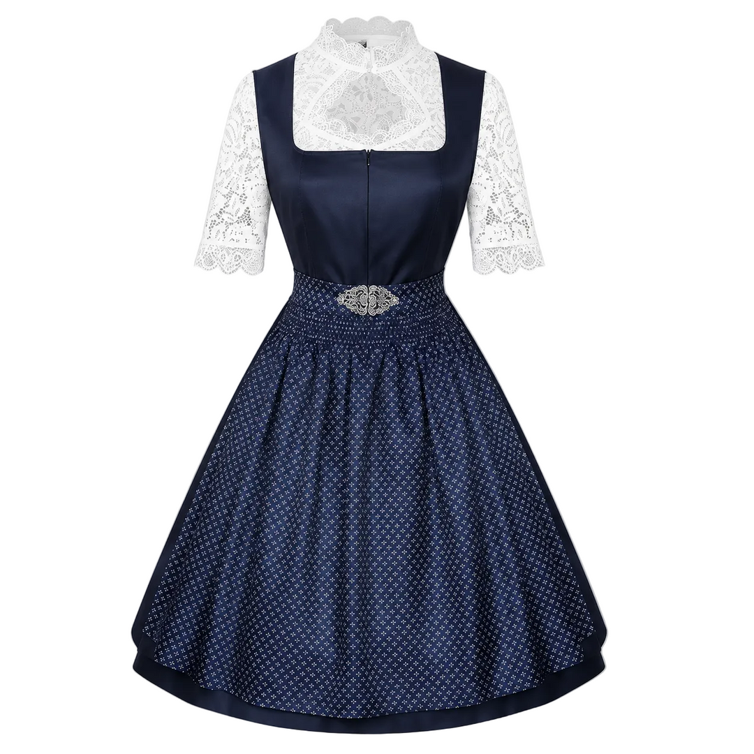 Komplettes Damen Dirndl-Set: Marineblaues Festkleid mit feiner Spitze & traditioneller Schürze für besondere Anlässe.