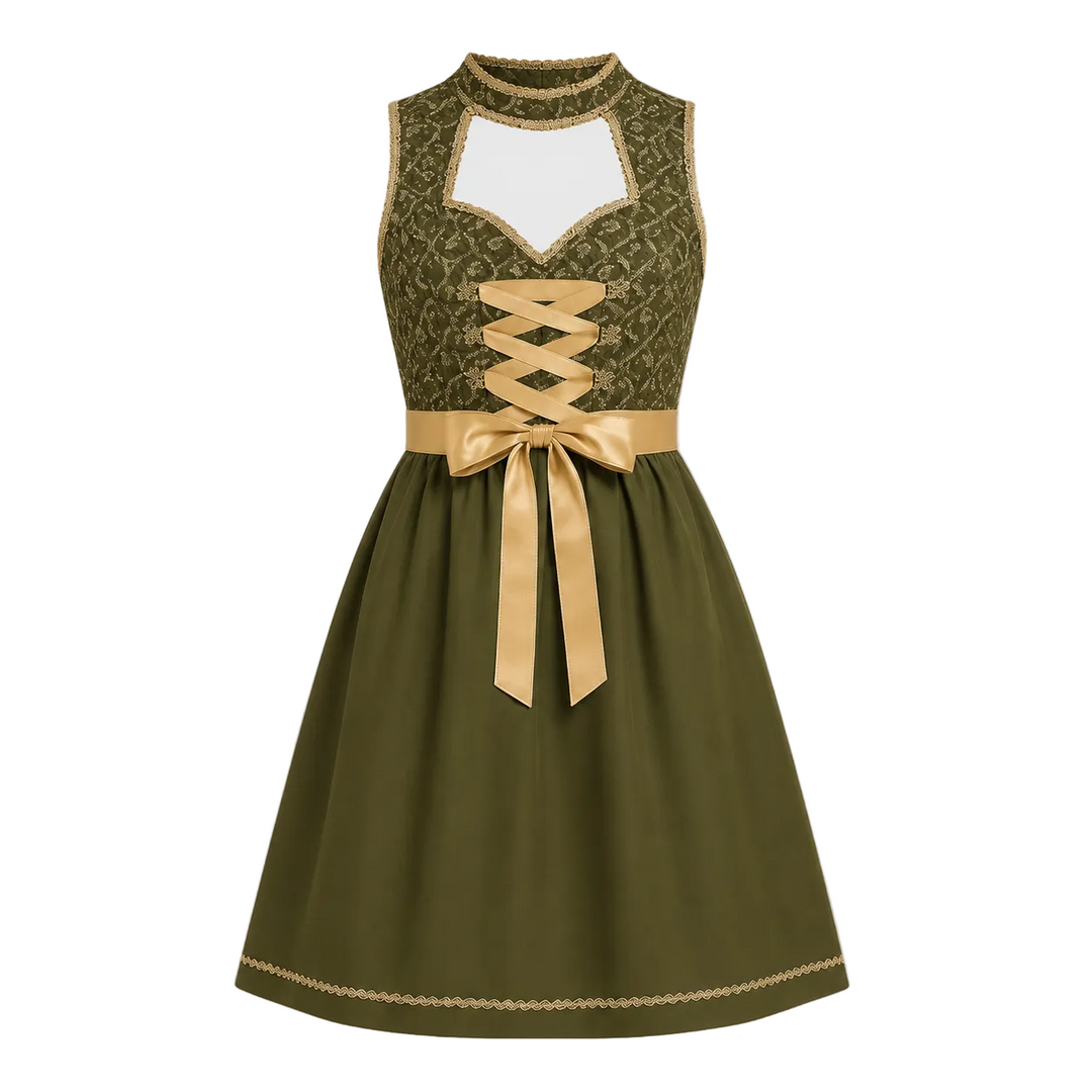 Festliches Oktoberfest Damen Kostüm: Grünes Dirndl mit passender Schürze & traditionellem Schnitt, perfektes Dirndl Outfit.