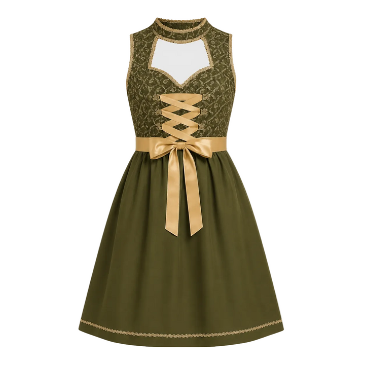 Festliches Oktoberfest Damen Kostüm: Grünes Dirndl mit passender Schürze & traditionellem Schnitt, perfektes Dirndl Outfit.
