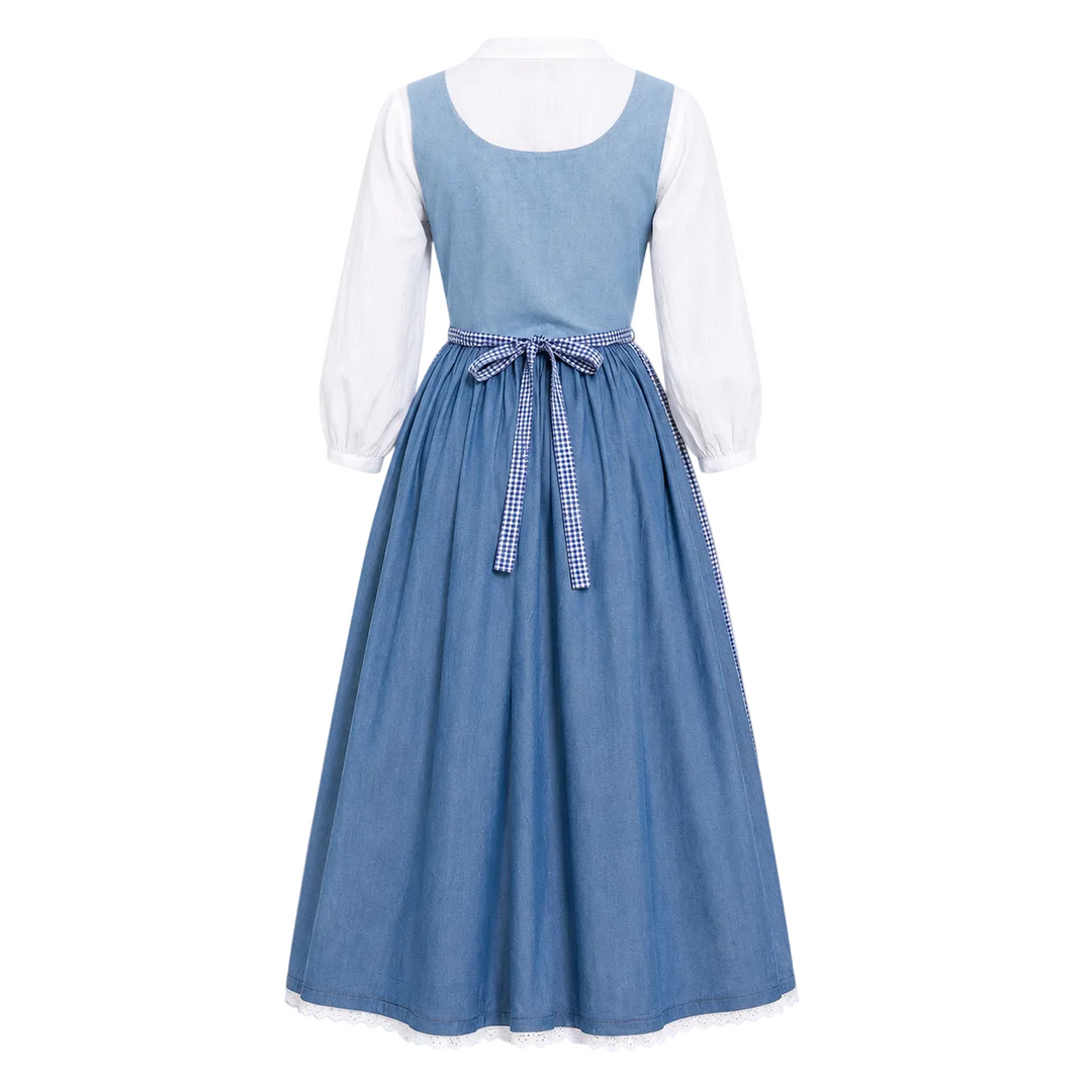 Traditionelles blau-graues Trachtenkleid für Damen mit eleganten Rüschen, perfekt für Oktoberfest und Kulturfeste.