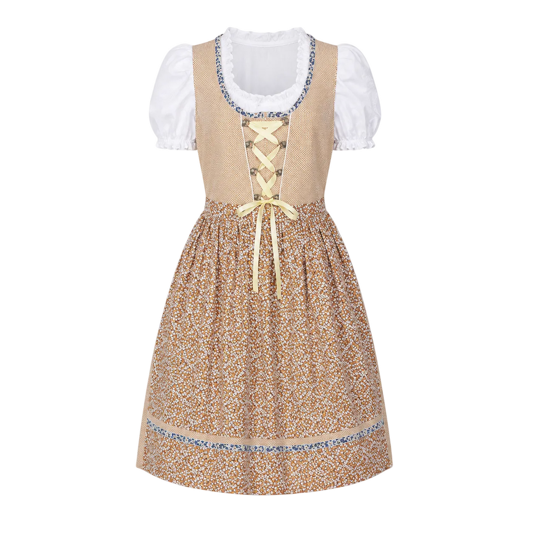 Traditionelles dreiteiliges Damen Dirndl-Set: tailliertes Kleid, weiße Spitzenbluse & bunte Blumenschürze.