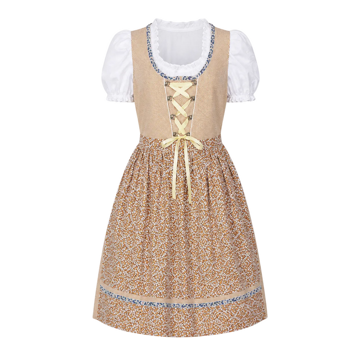 Traditionelles dreiteiliges Damen Dirndl-Set: tailliertes Kleid, weiße Spitzenbluse & bunte Blumenschürze.