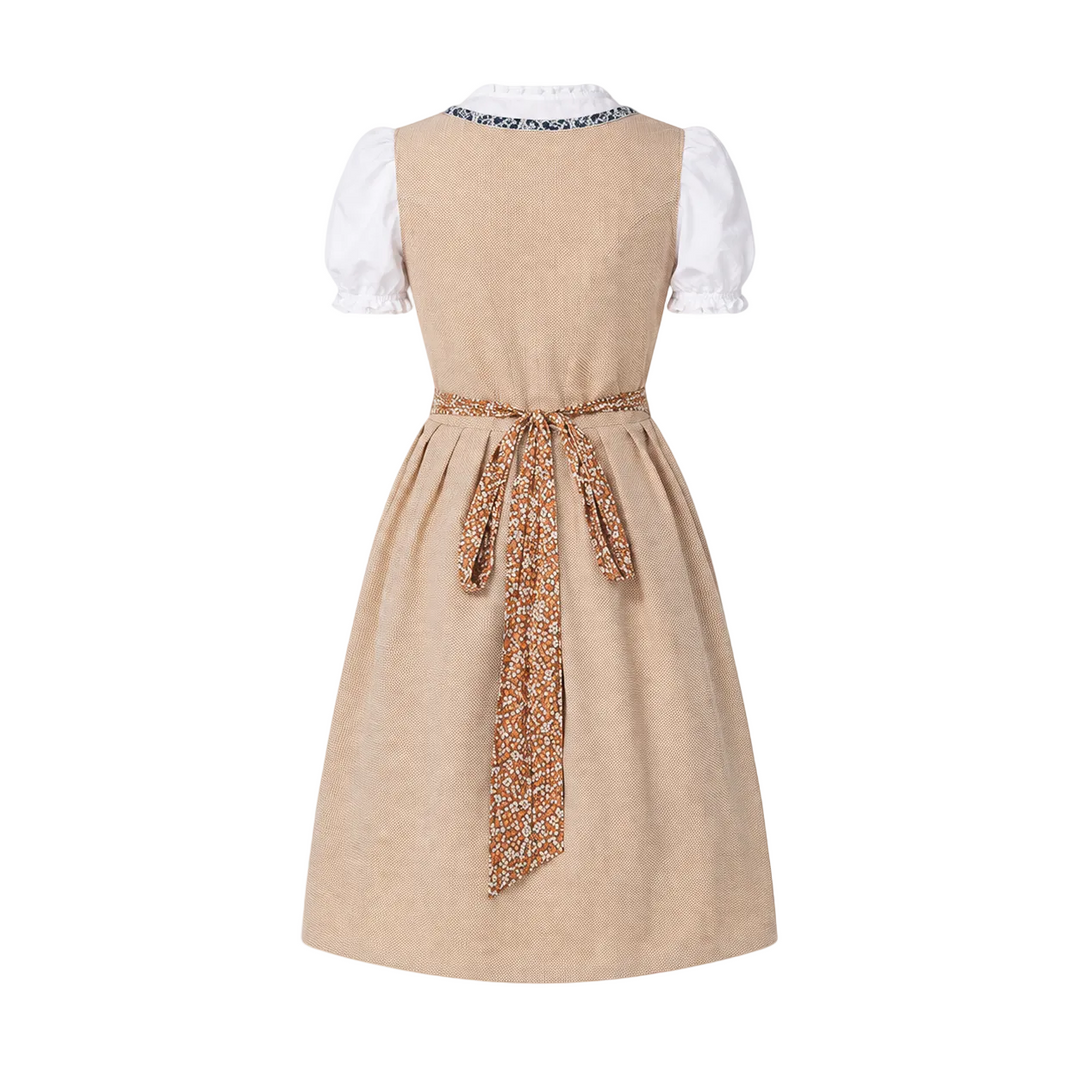 Festliches Damen Dirndl Outfit für Oktoberfest, bestehend aus Trachtenkleid, Bluse und floraler Schürze.