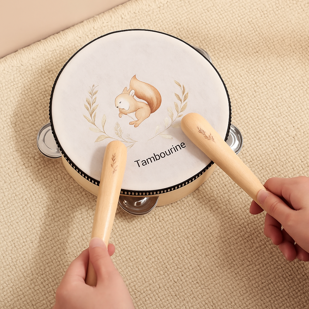Farbenfrohes Holz-Musikinstrumente-Set für Kinder: Trommel, Glocke, Rassel zur Förderung von Motorik & Frühförderung.