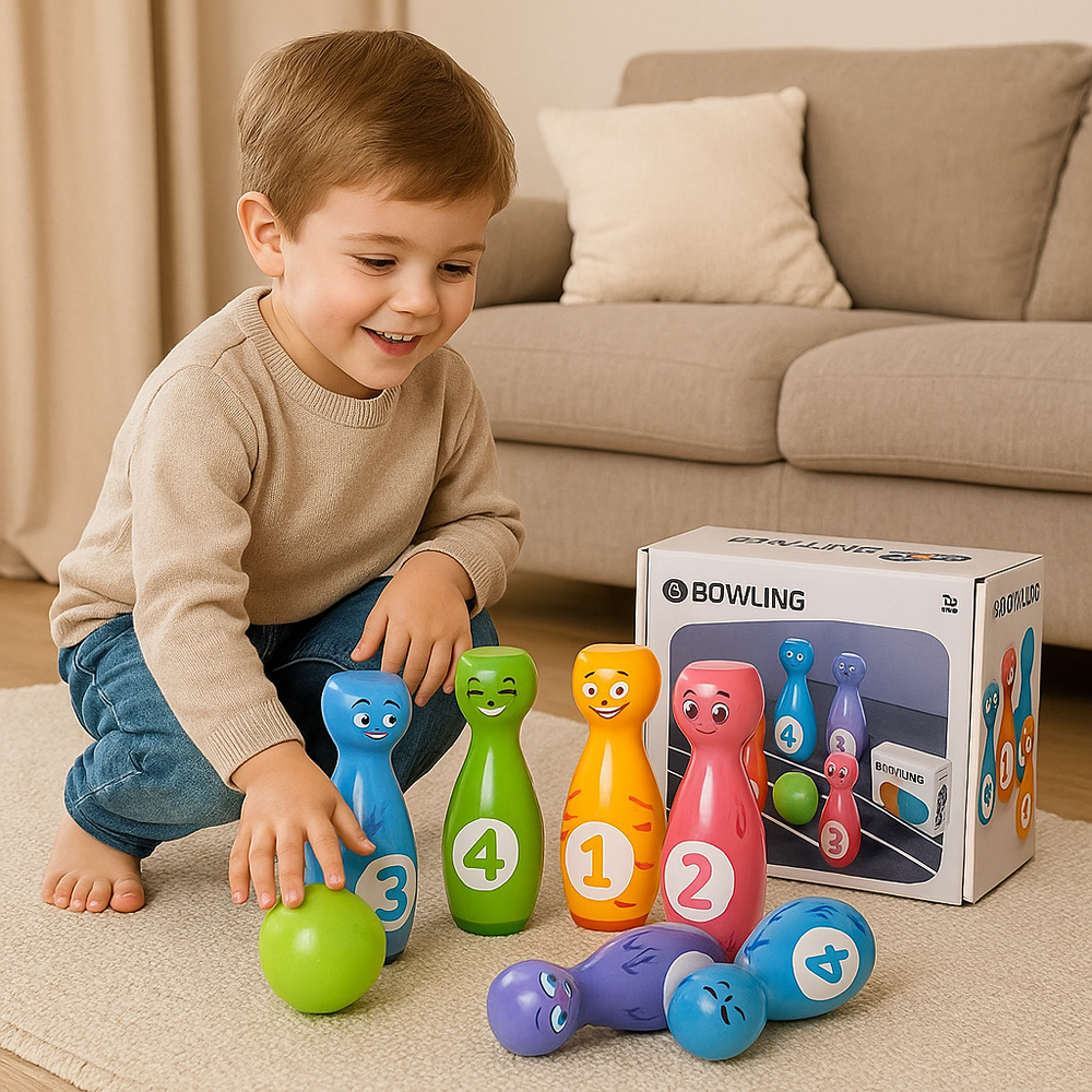 Farbenfrohes Kinderbowling-Set aus Kunststoff mit 10 Kegeln & 2 Bällen. Fördert spielerisch Motorik & Koordination.