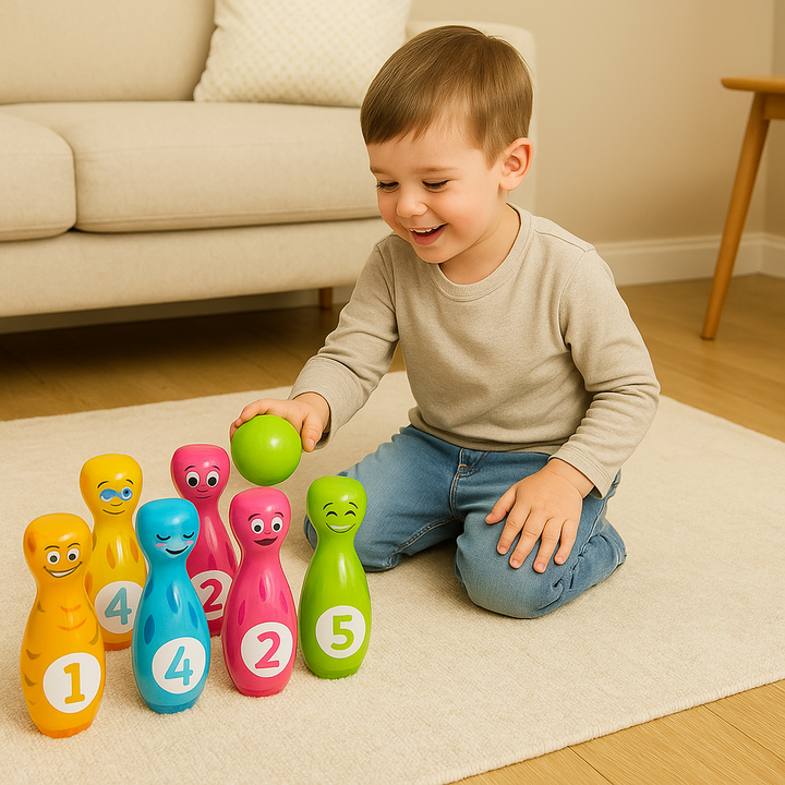 Kinder Bowling-Spielset für Kleinkinder & Schulkinder, mit bunten Kegeln. Perfektes Indoor/Outdoor Motorikspielzeug.
