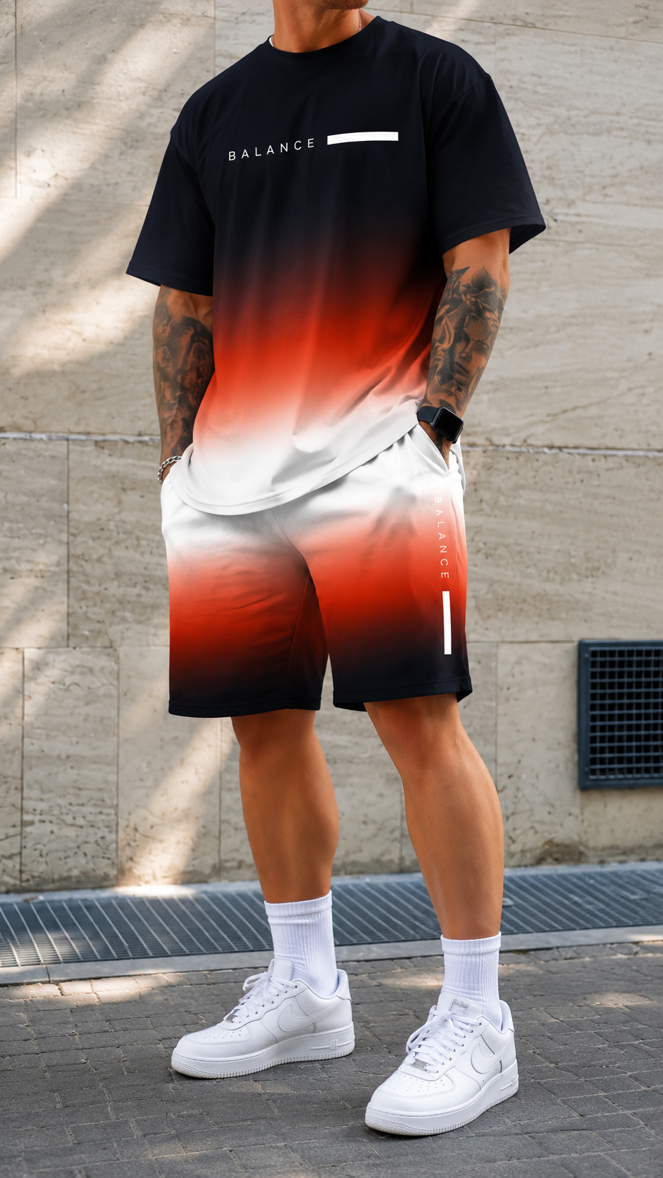Leichtes & bequemes Herren Sommerset. T-Shirt & kurze Hose mit Farbverlauf, ideal für Urlaub & Alltag.