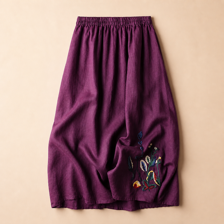 Bequemer grüner Damen Midirock mit elastischem Bund & eleganter Stickerei. Moderner Freizeitrock für Damenmode.