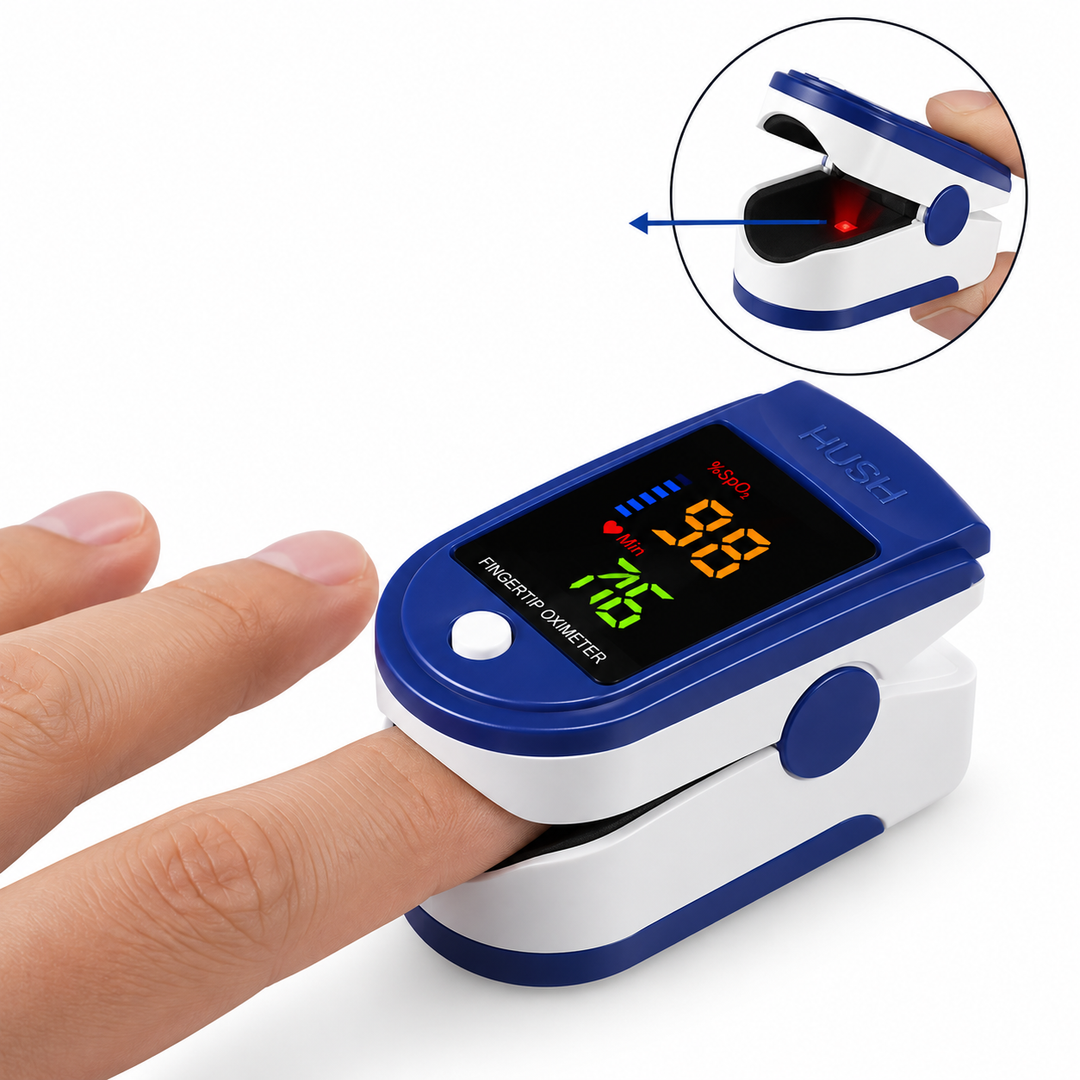 Kompaktes Fingerpulsoximeter mit großem Digitaldisplay zur einfachen Überwachung von Blutsauerstoff & Puls.