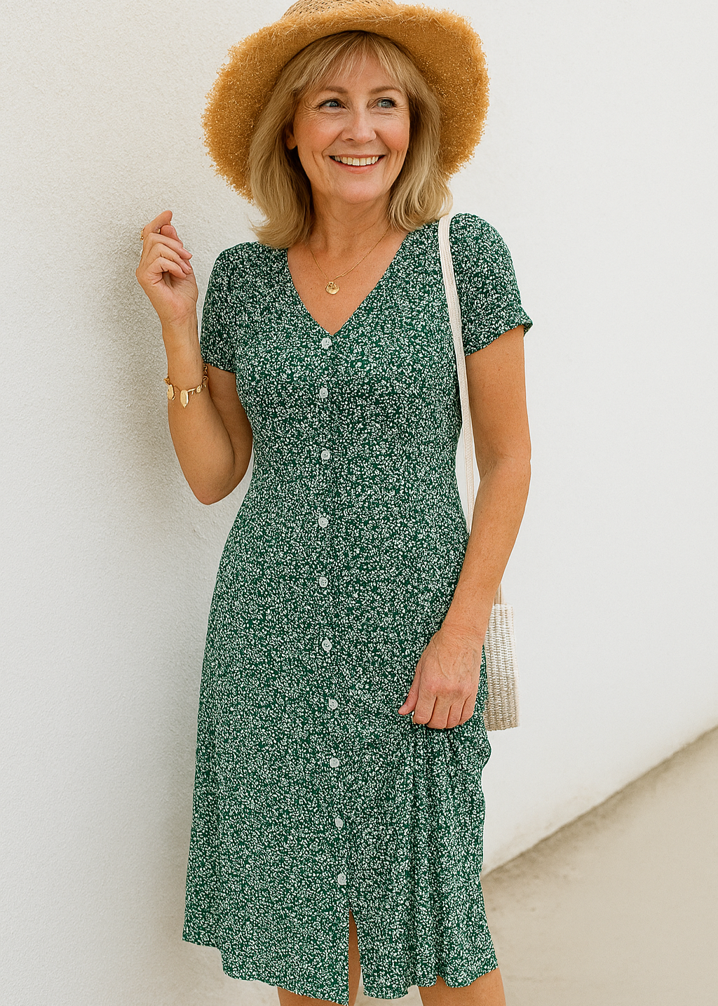 Elegantes, luftiges blaues Sommerkleid für Damen mit V-Ausschnitt und Knopfleiste, perfekt für den Sommer.