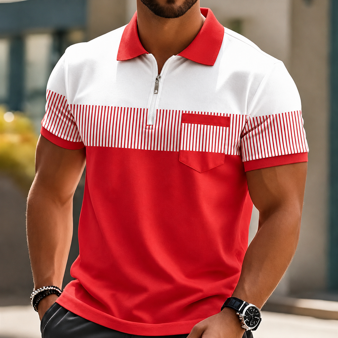 Herren Freizeit-Polo mit elegantem Reißverschluss & Streifen. Komfortables & modisches Oberteil in Grau.