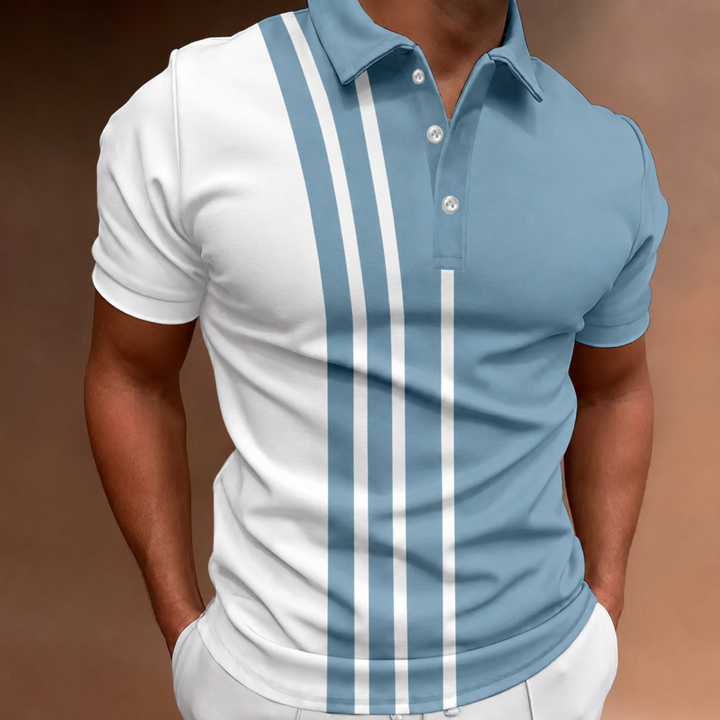 Nahaufnahme: Herren zweifarbiges Polohemd mit elegantem Kragen, sportlich & modern für den Mann.