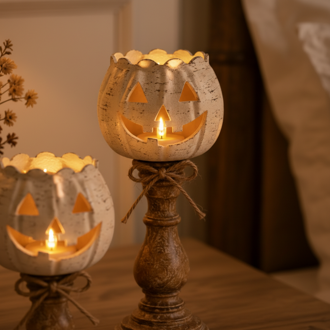 Beleuchtete Kürbisse mit LED-Warmlicht in 3 Größen für gemütliche Innenraum-Herbst- und Halloween-Deko.