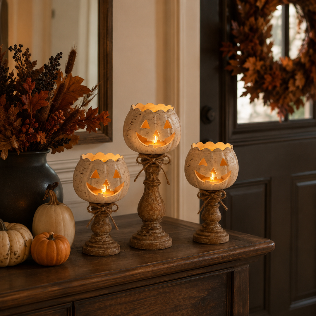 Saisonale LED-Kürbisdeko für Innenräume, strahlt warmes Licht aus; eine charmante Herbst- und Halloween-Deko.