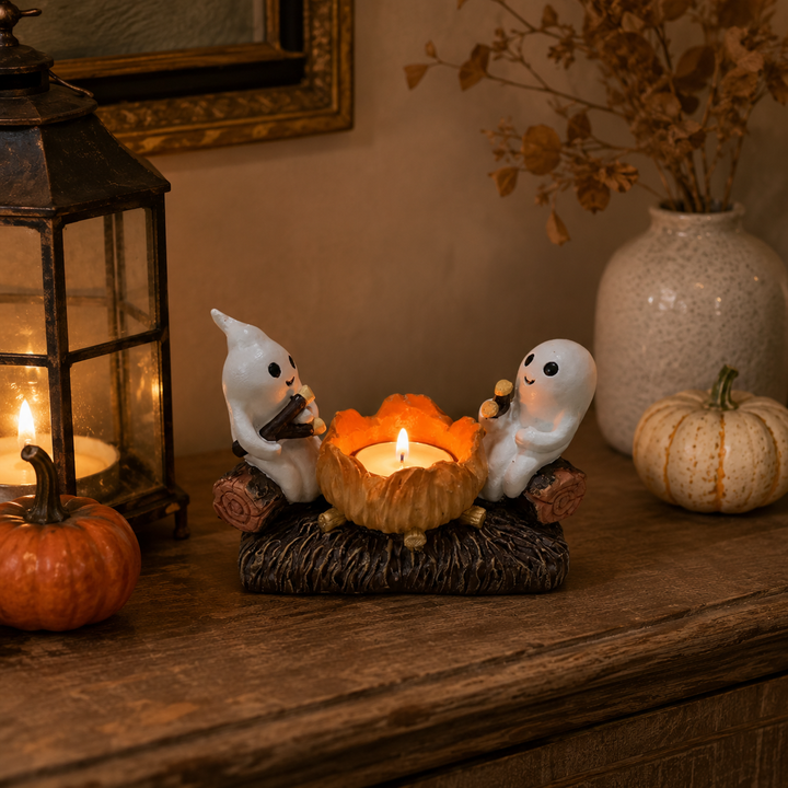 Dekorativer Geister-Kerzenhalter für Halloween, Harzfigur als saisonale Tischdeko.
