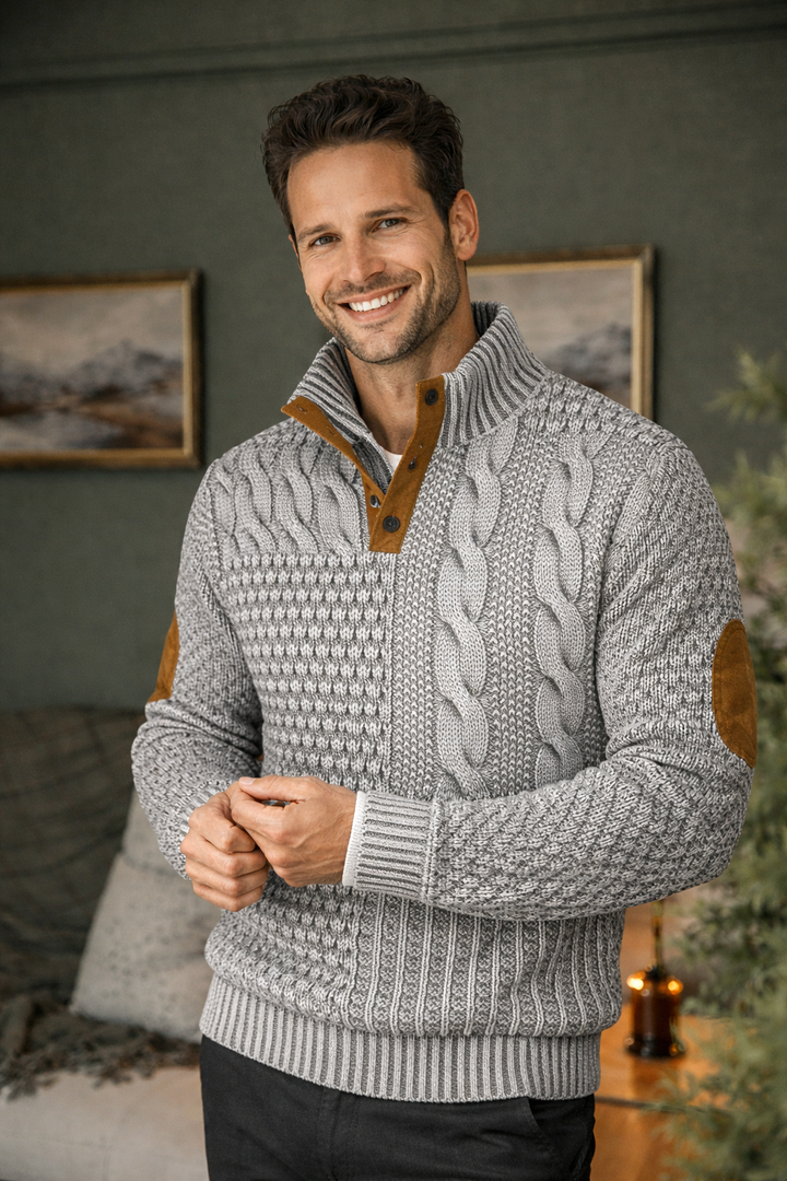 Casual Herrenpullover mit Knopfkragen, Zopfmuster & Patchwork-Elementen, warm und vielseitig.