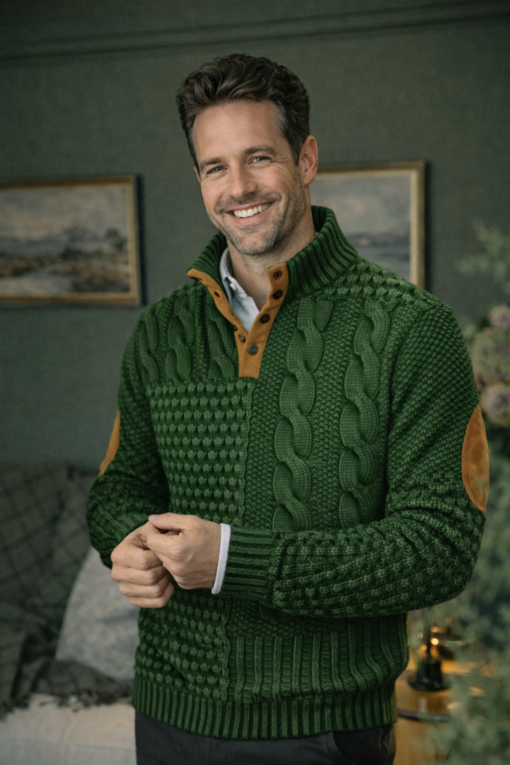 Stilvoller Herren Patchwork Pullover mit Zopfmuster, Knopfkragen, ideal für den Alltag und Freizeit.